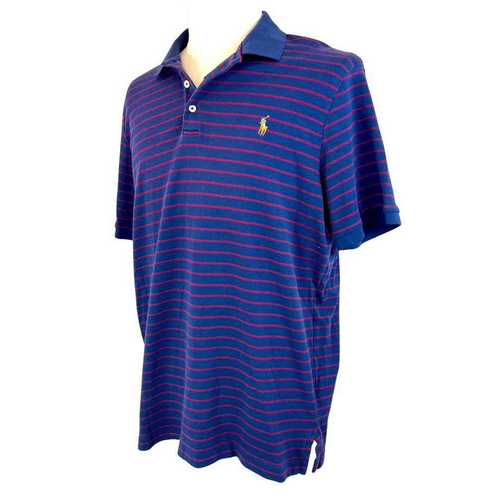 POLO Ralph Lauren Blue Red Stripe Golf Shirt Sz L Flesh Pony Tennis Preppy‎ Club